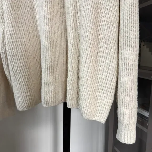 Jenni Kayne Oversized Half Zip Ivory Rib Knit Cotton Sweater 1/4 Zip Pullover M
